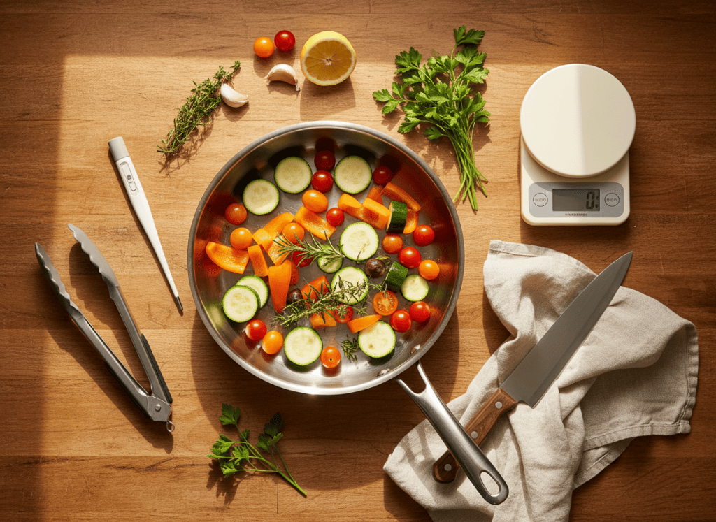 Flat lay of essential chef's tools: skillet, tongs, thermometer, scale and knife