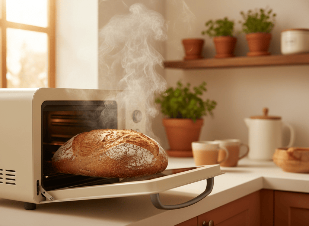 Crusty loaf of bread baked in a countertop steam oven