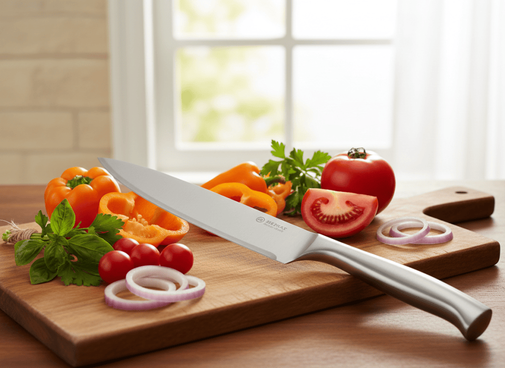 Chef's knife on a wooden cutting board with colorful fresh vegetables
