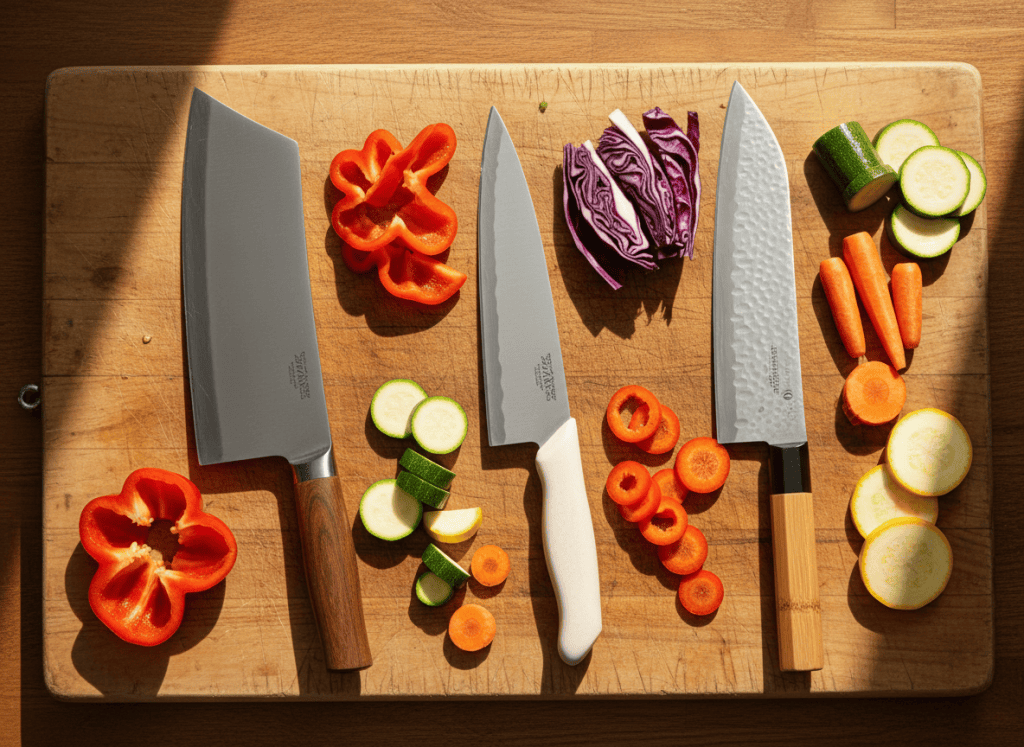 Three styles of chef's knife side by side on a wooden cutting board
