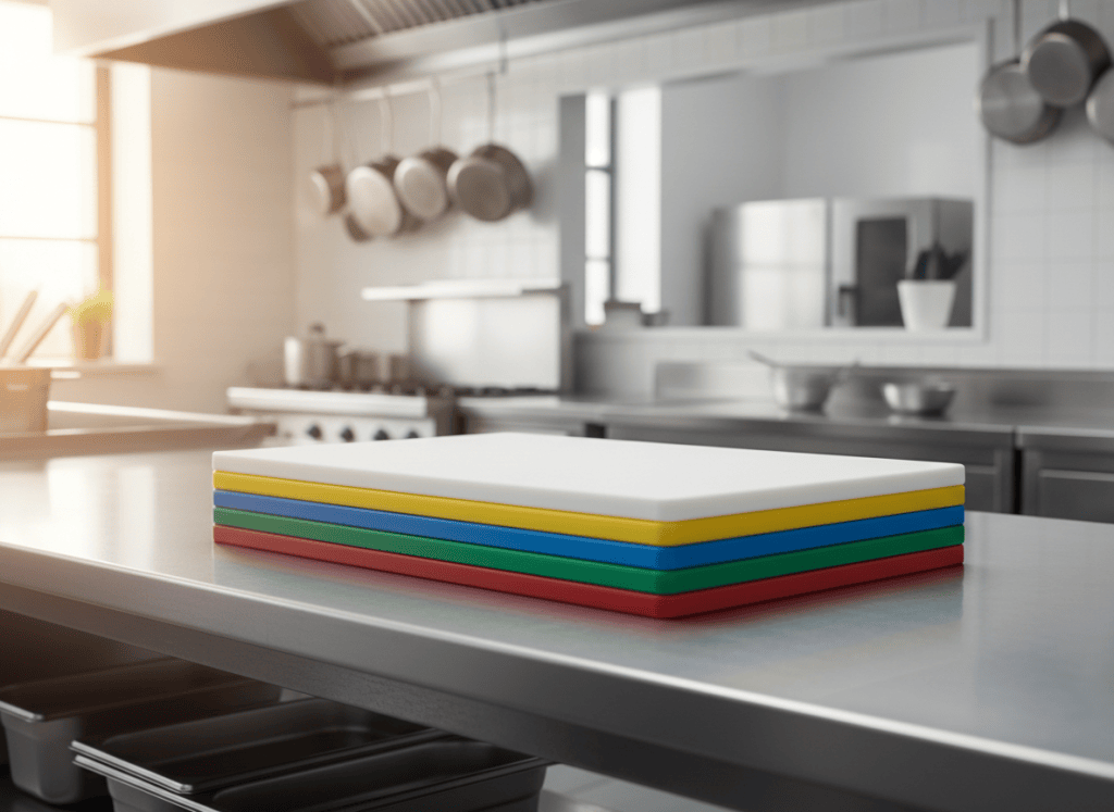 Color-coded plastic cutting boards stacked on a stainless steel prep table
