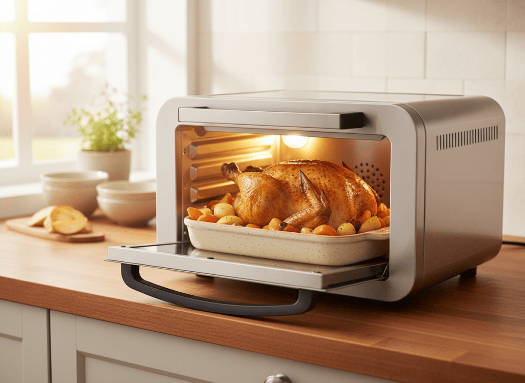 Countertop convection oven with a golden roasted chicken inside