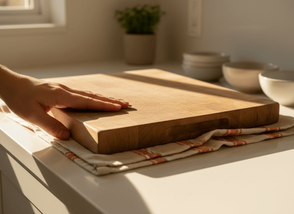 A damp towel under a cutting board to stop it slipping