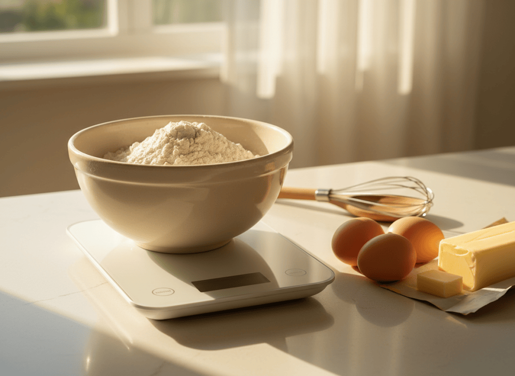 Digital kitchen scale weighing flour in a bowl