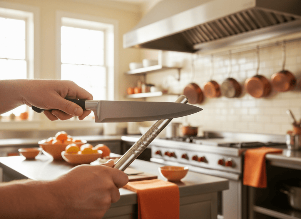 Chef honing a knife on a steel rod in a bright kitchen