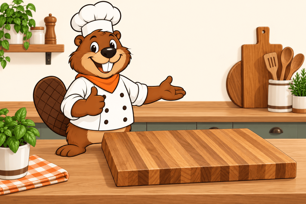 Painted illustration of Gerzsi the beaver standing next to a large wooden cutting board