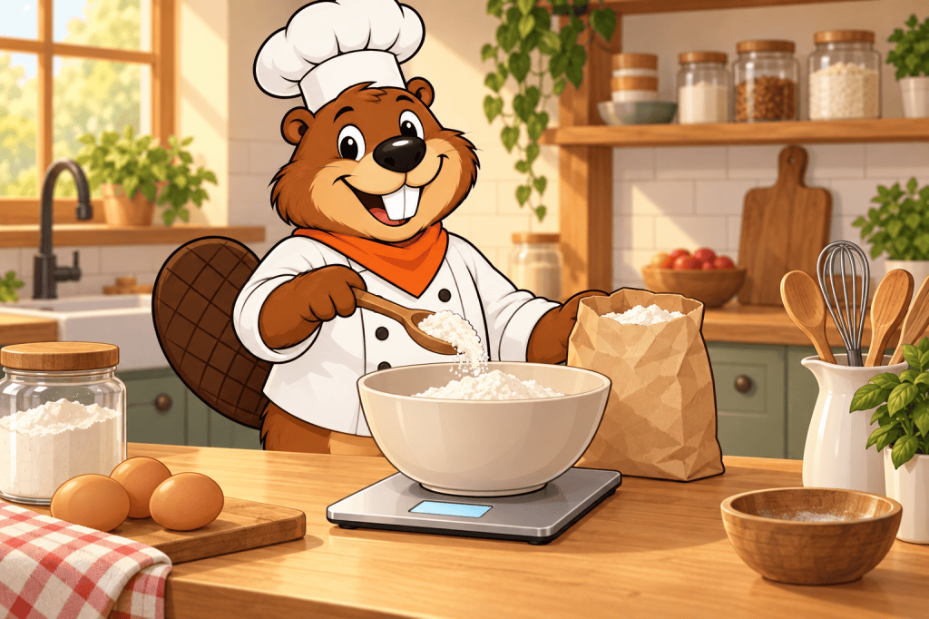 Painted illustration of Gerzsi the beaver spooning flour into a bowl on a flat digital kitchen scale