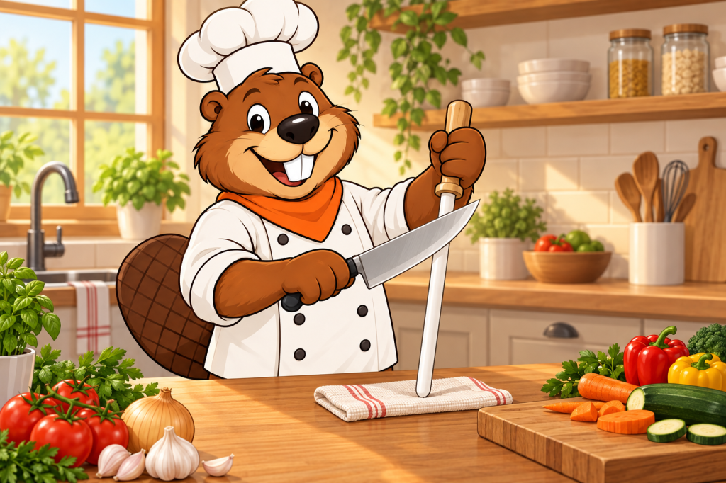 Painted illustration of Gerzsi the beaver honing a chef's knife on a ceramic rod