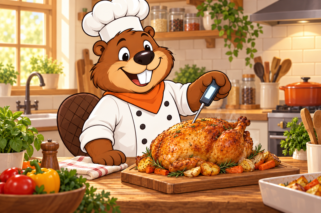 Painted illustration of Gerzsi the beaver checking a roast bird with a thermometer