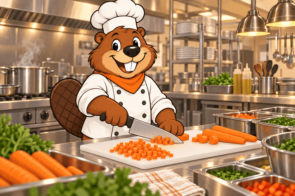 Painted illustration of Gerzsi the beaver chopping carrots in a cozy kitchen