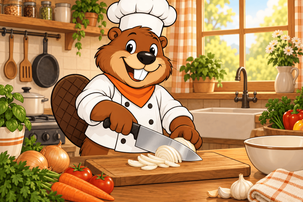 Painted illustration of Gerzsi the beaver slicing an onion with a chef's knife