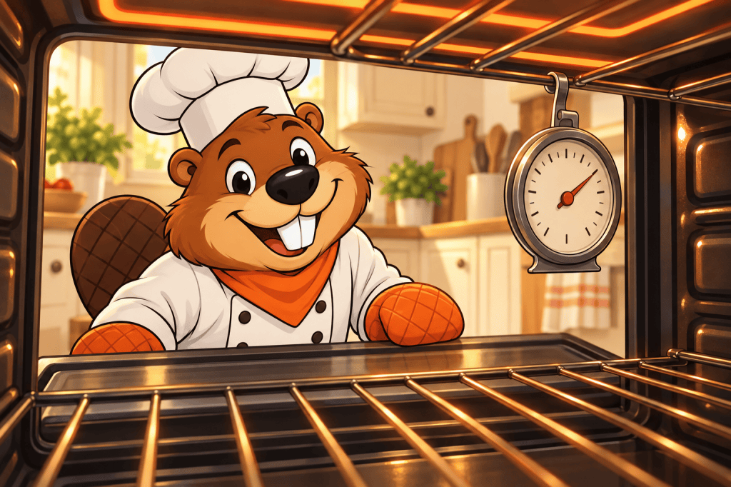 Painted illustration of Gerzsi the beaver peering at a dial thermometer inside an oven