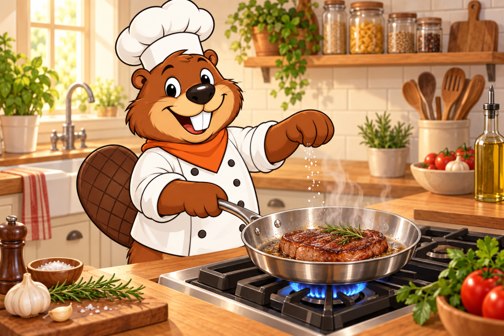 Painted illustration of Gerzsi the beaver searing a steak in a stainless skillet