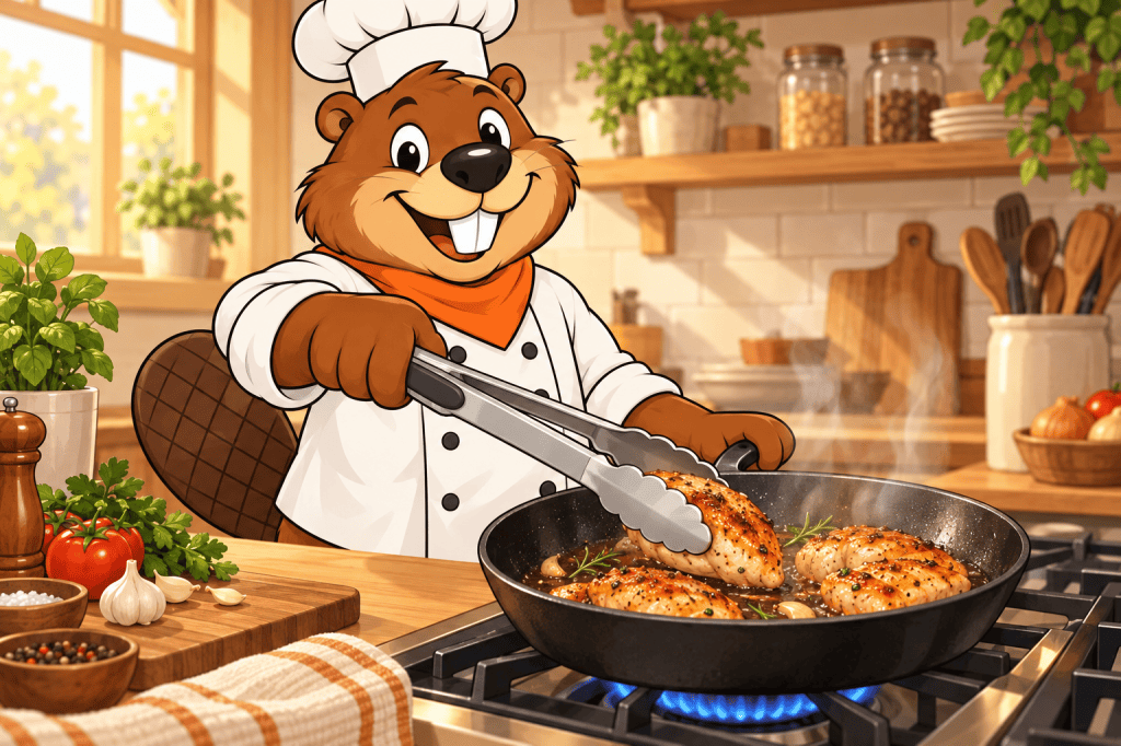 Cartoon beaver chef turning seared chicken in a skillet with 12-inch stainless-steel locking tongs