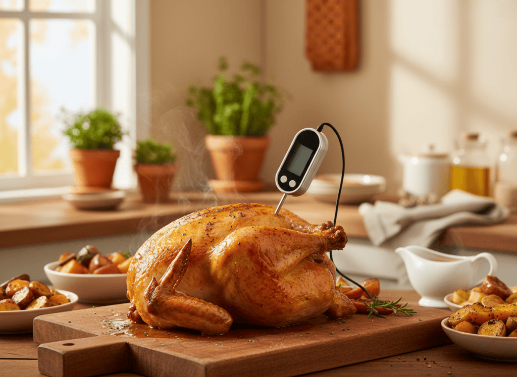 Instant-read thermometer checking a roast chicken