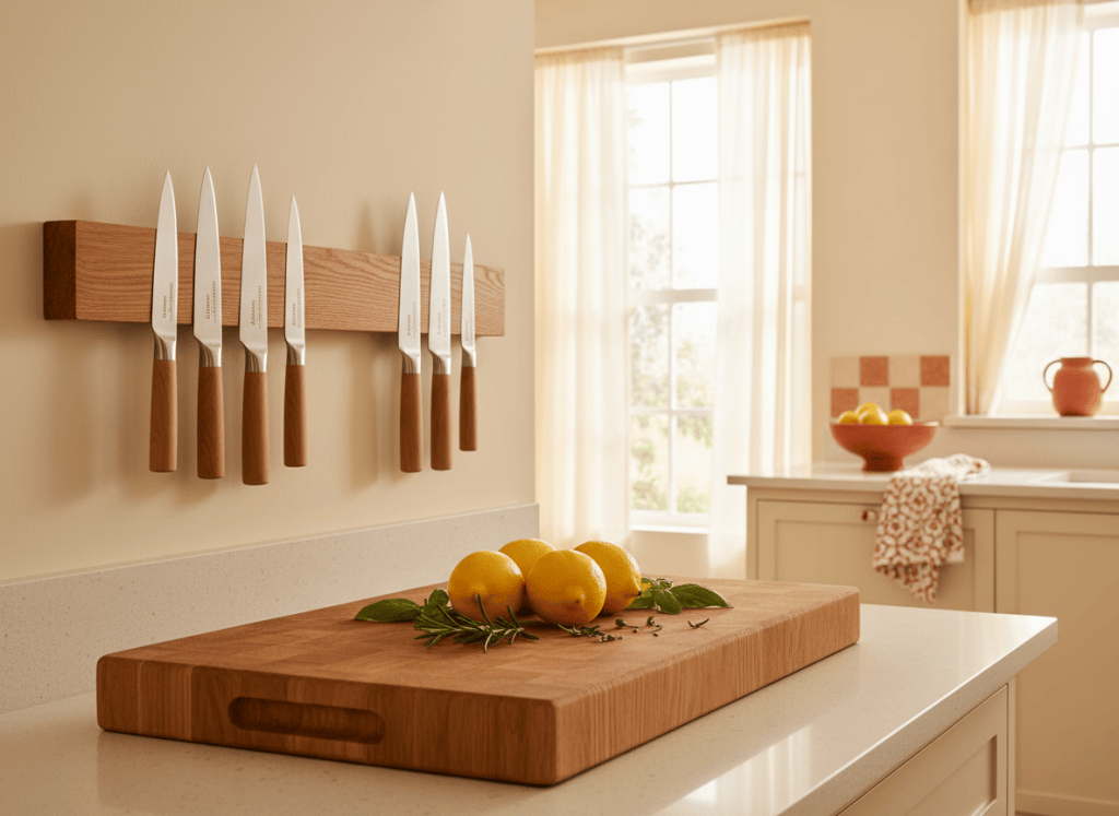 Kitchen knives stored on a magnetic strip above a wooden cutting board