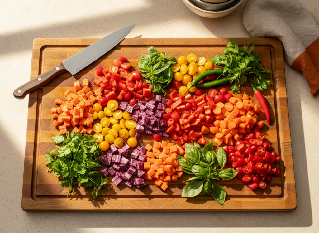 Large wooden cutting board with colorful chopped vegetables