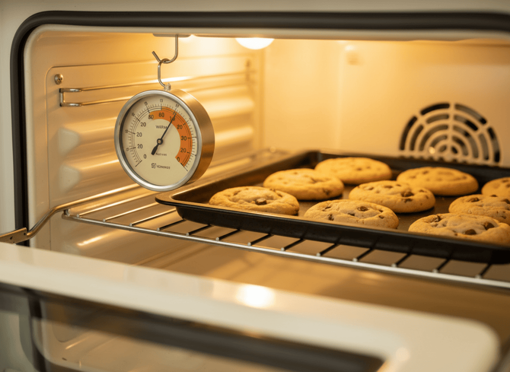 Oven thermometer on a rack inside a home oven next to cookies