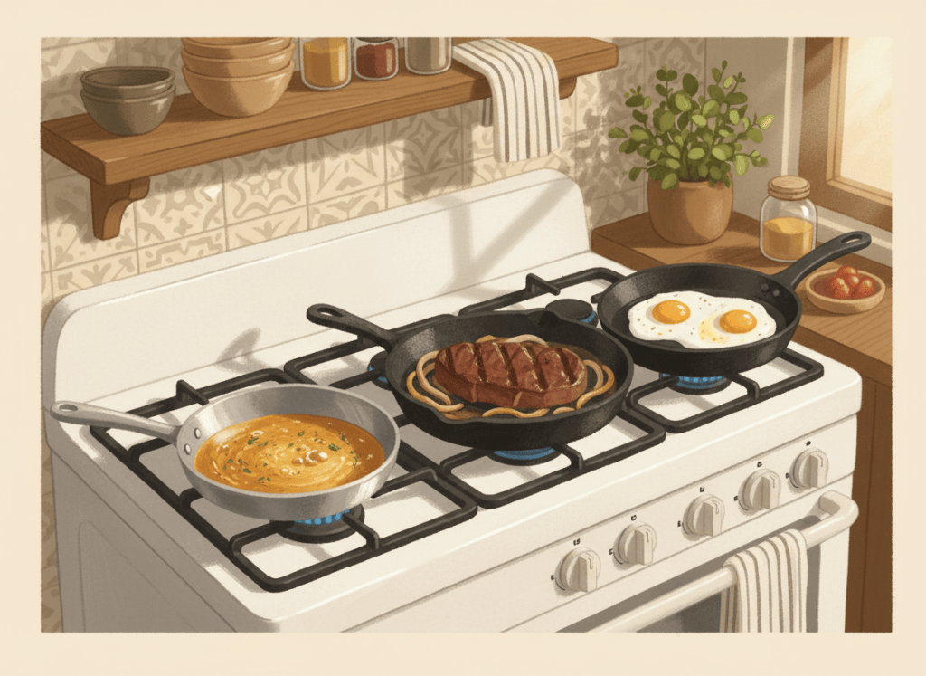 Illustration of stainless, cast iron and nonstick skillets on a stove, each cooking a different dish