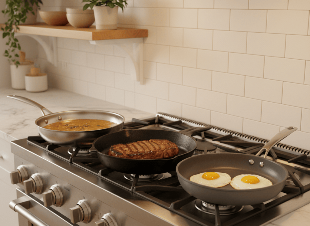 Stainless, cast iron and nonstick skillets on a stove, each cooking a different dish