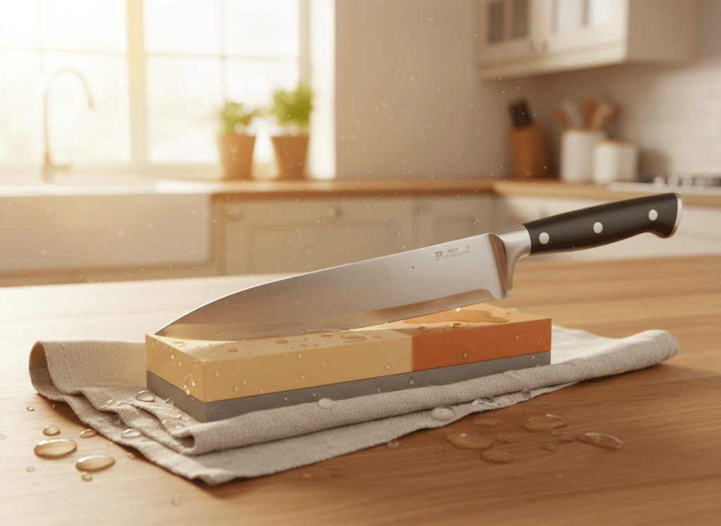 Sharpening a chef's knife on a whetstone