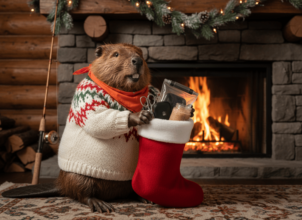 Lifelike illustration of Gerzsi the beaver filling a Christmas stocking with small fishing gifts by a cabin fireplace
