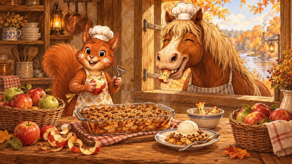 Painted illustration of Hazel the red squirrel baker with a peeler and baskets of apples next to a freshly baked apple crisp, while Clyde the horse in a tiny chef hat leans in through the window crunching an apple core