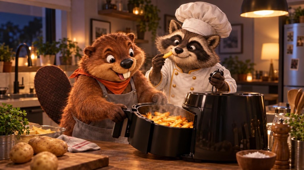 Gerzsi the beaver pulls a basket of golden fries from an air fryer while Reggie the raccoon tastes one and holds a stopwatch