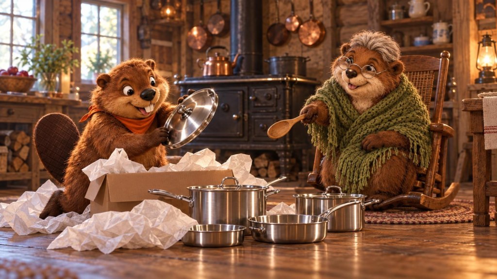 Gerzsi the beaver unpacks stainless steel pots and pans while Granny Birch points with a wooden spoon from her rocking chair