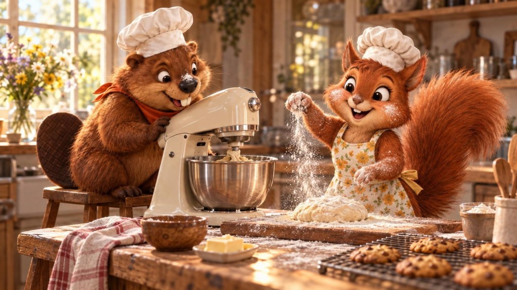 Gerzsi the beaver watches dough knead in a cream stand mixer while Hazel the red squirrel dusts flour in a sunny farmhouse kitchen