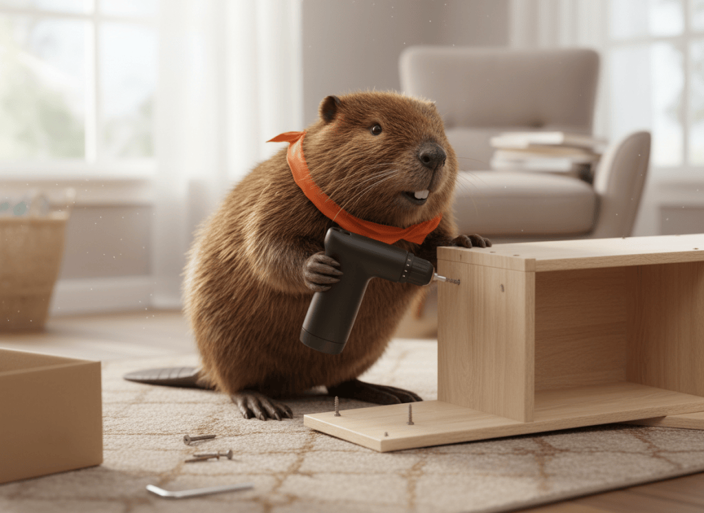 Lifelike illustration of Gerzsi the beaver assembling a flat-pack bookshelf with a small budget cordless drill