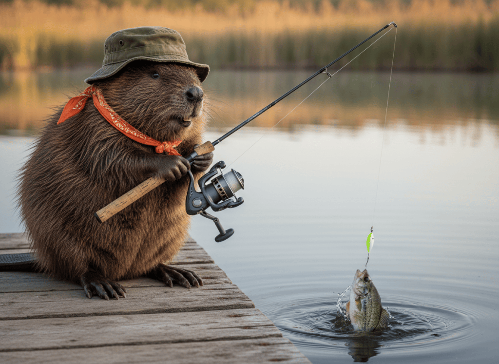 Lifelike illustration of Gerzsi the beaver on a dock reeling in a small crappie with a light spinning rod and reel