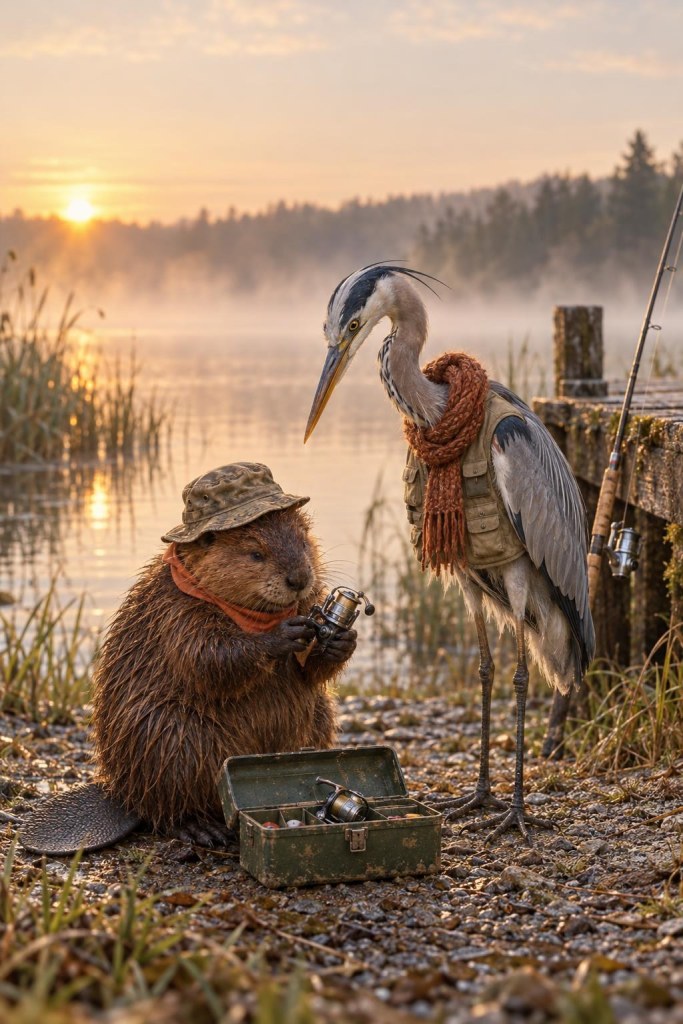 Lifelike photo-style picture of Gerzsi the beaver in a bucket hat holding a small spinning reel next to Willa the grey heron in a fishing vest on a misty lakeshore at sunrise