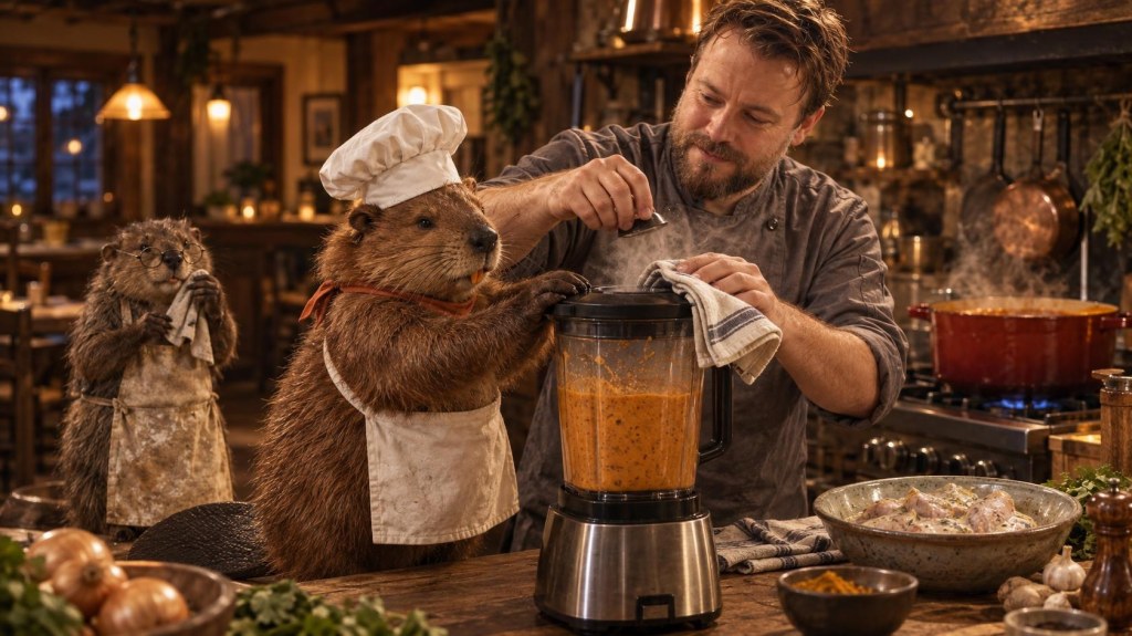 Chef Tamás lays a kitchen towel over the blender lid while Gerzsi the beaver holds it down and Mo the muskrat polishes his spectacles, butter chicken sauce on the stove
