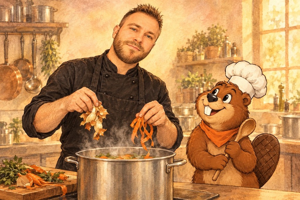 Illustration of head chef Tamás in a black chef jacket dropping onion and carrot peels into a steaming stockpot while Gerzsi the beaver watches with a wooden spoon