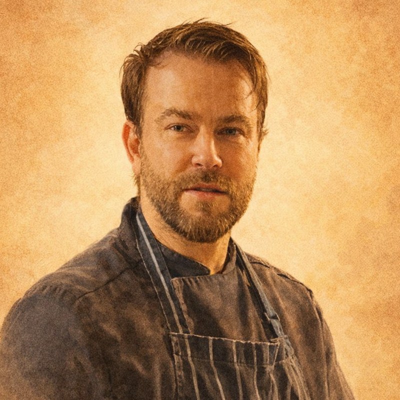 Painted portrait of Chef Tamás, head chef, in his dark chef jacket