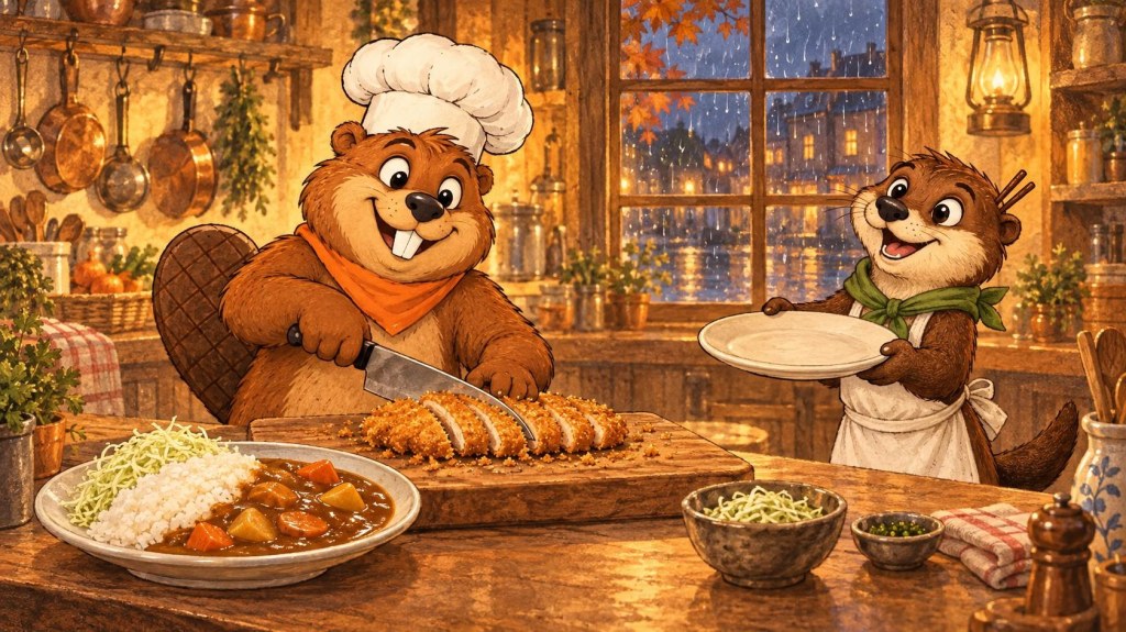 Painted illustration: Gerzsi the beaver slices a crispy panko chicken cutlet beside rice and Japanese curry while Pippa the otter waits with an empty plate on a rainy evening.