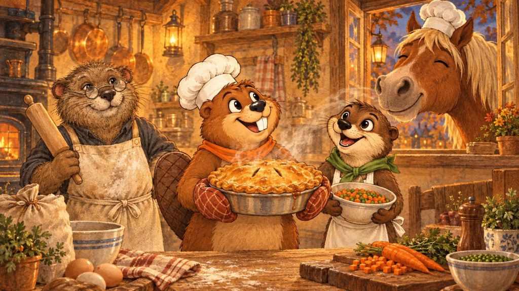 Painted illustration of Gerzsi the beaver proudly holding a golden chicken pot pie in oven mitts, with Mo the muskrat holding a rolling pin, Pippa the otter holding a bowl of diced vegetables, and Clyde the horse sniffing the steam through the window