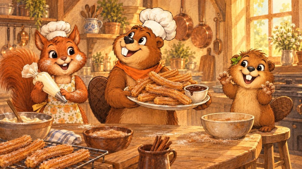 Painted illustration: Gerzsi the beaver holds a plate of cinnamon-sugar churros with chocolate sauce while Hazel the squirrel holds a piping bag and little Twig grins with sugary paws.