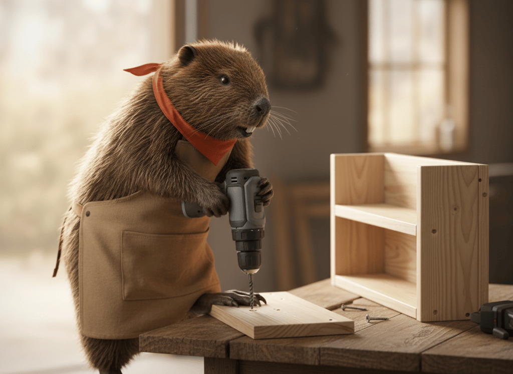 Lifelike illustration of Gerzsi the beaver drilling a pilot hole in a pine board with a small compact cordless drill at a garage workbench
