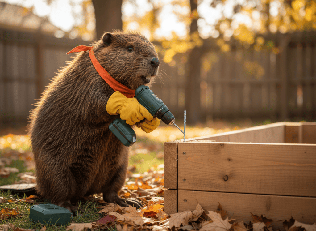 Lifelike illustration of Gerzsi the beaver driving long screws into a cedar raised garden bed with a cordless drill/driver