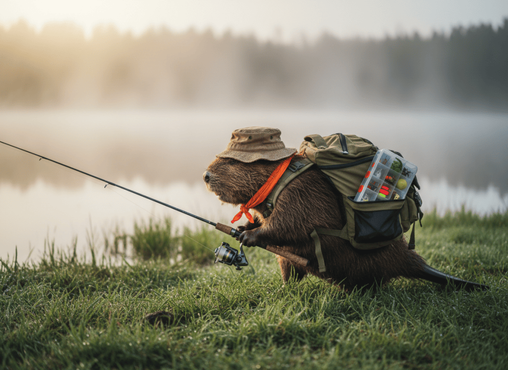 Lifelike illustration of Gerzsi the beaver in a bucket hat carrying a fishing tackle backpack with a lure tray along a misty lake