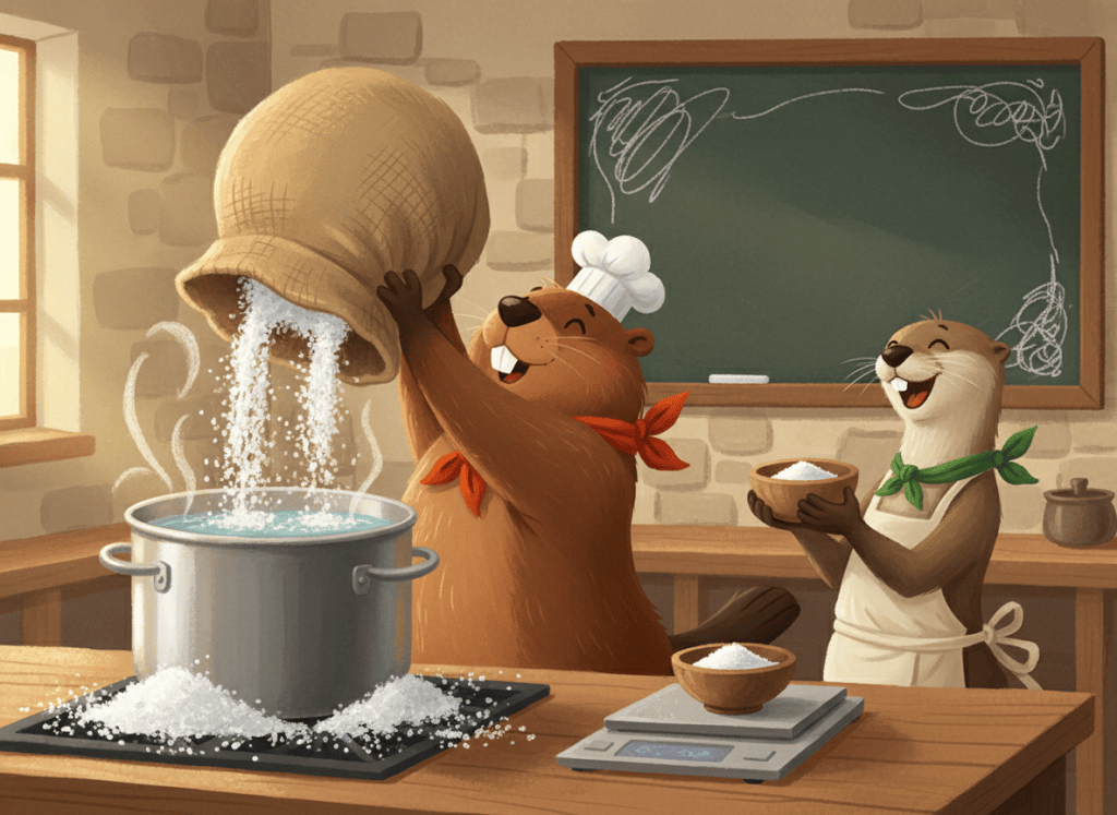 Painted illustration of Gerzsi the beaver lifting a huge sack of salt over a stockpot while Pippa the otter laughs with a small bowl of salt next to a kitchen scale
