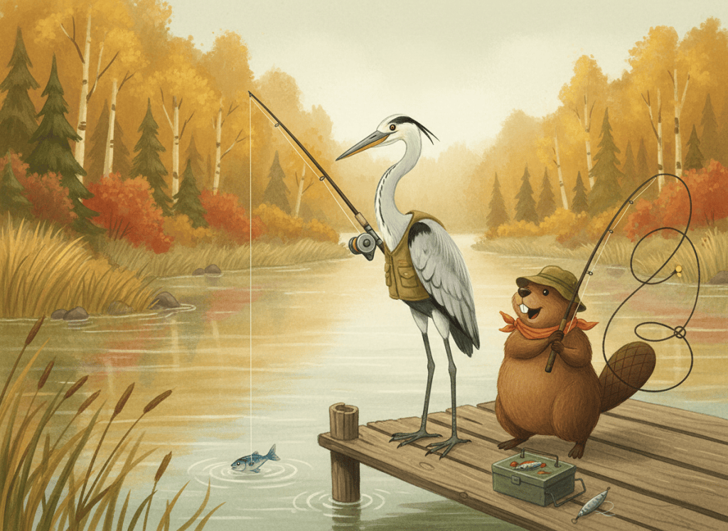 Painted illustration of Willa the grey heron fishing calmly from a wooden dock while Gerzsi the beaver in a bucket hat tangles his fishing line around his tail
