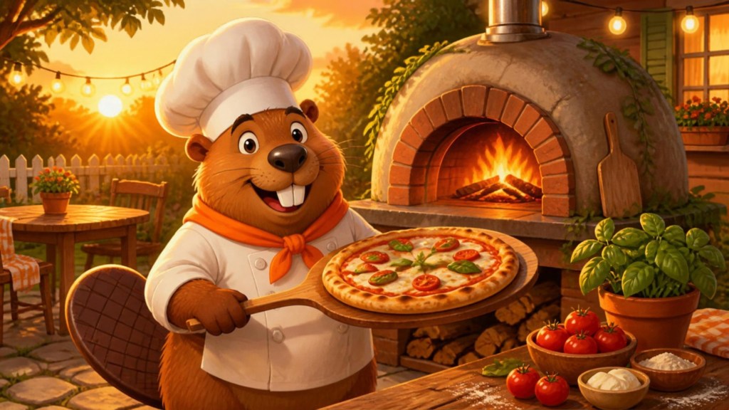 Cartoon illustration of Gerzsi the beaver chef in a backyard at golden hour, holding a pizza peel with a fresh pizza in front of a glowing outdoor pizza oven