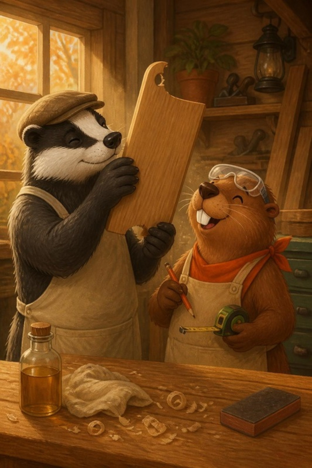 Painted illustration of Barnaby the badger checking a wooden cutting board with a small bite mark on the corner while Gerzsi the beaver grins with a pencil and a tape measure in an autumn workshop