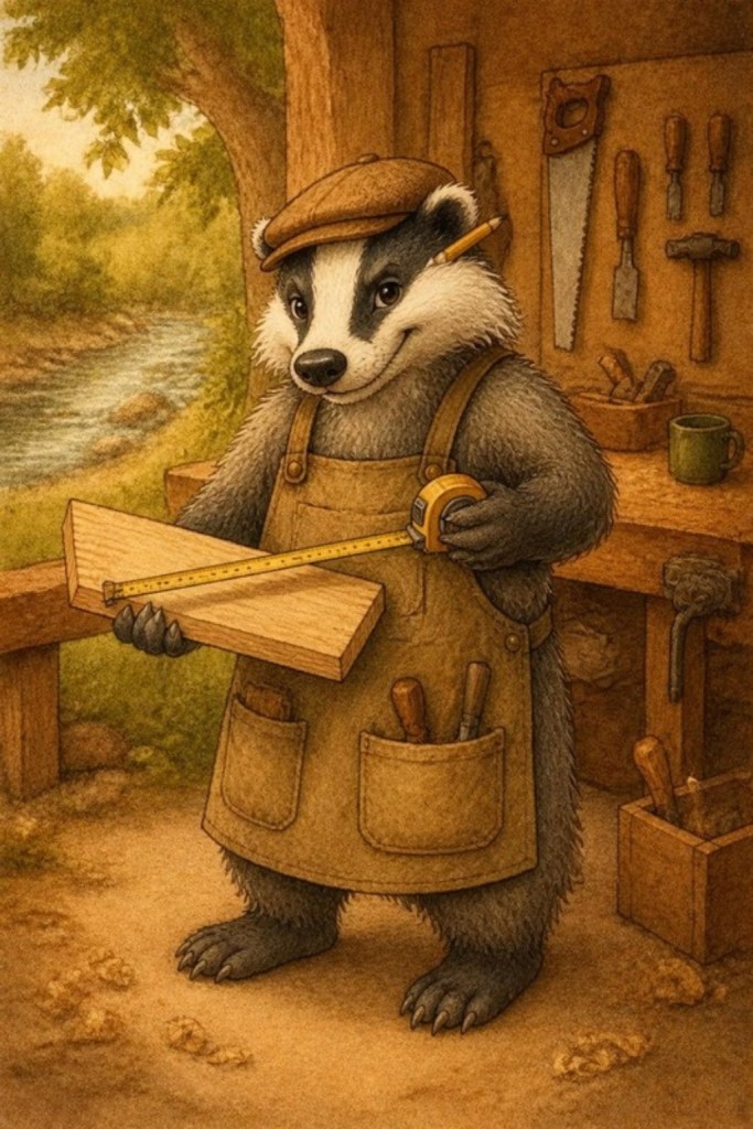 Painted illustration of Barnaby, a badger carpenter in a canvas apron and flat cap with a pencil behind his ear, measuring a plank with a tape measure in his riverside workshop