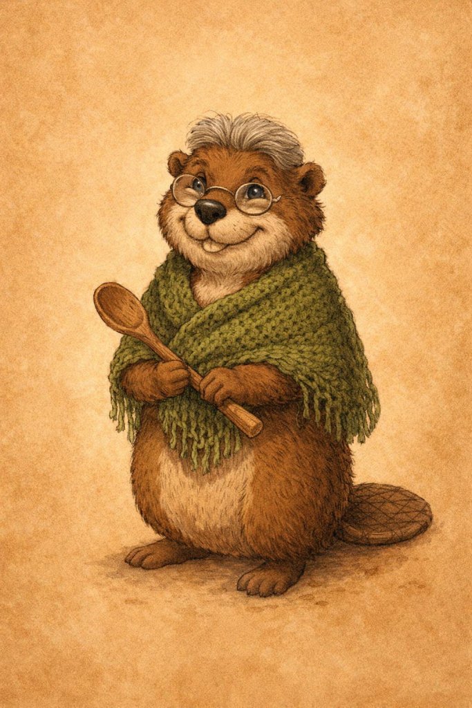 Painted illustration of Granny Birch, an elderly beaver in round glasses holding a carved wooden spoon
