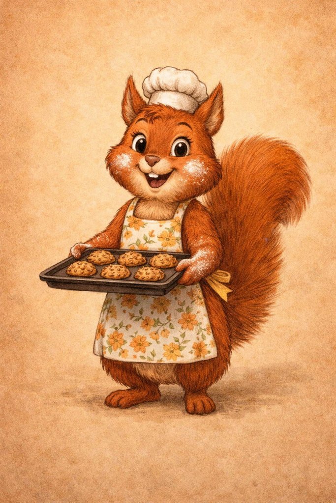 Painted illustration of Hazel, a red squirrel baker holding a tray of walnut cookies