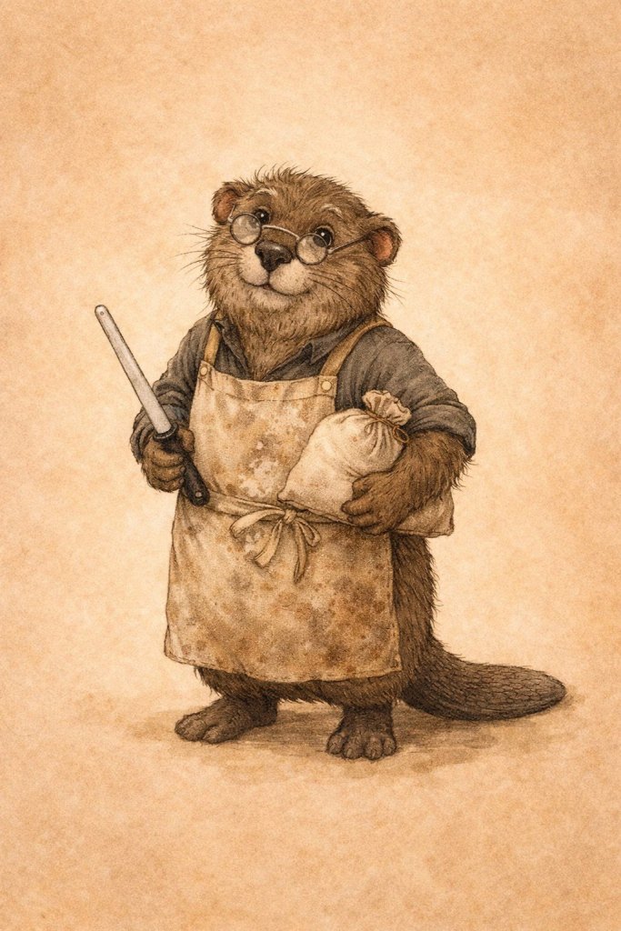 Painted illustration of Mo, an older muskrat miller holding a white honing rod and a flour sack